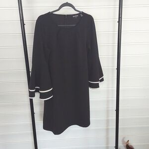 NINA LEONARD Elegant Black Dress with White Trim Bell Sleeves Size Medium